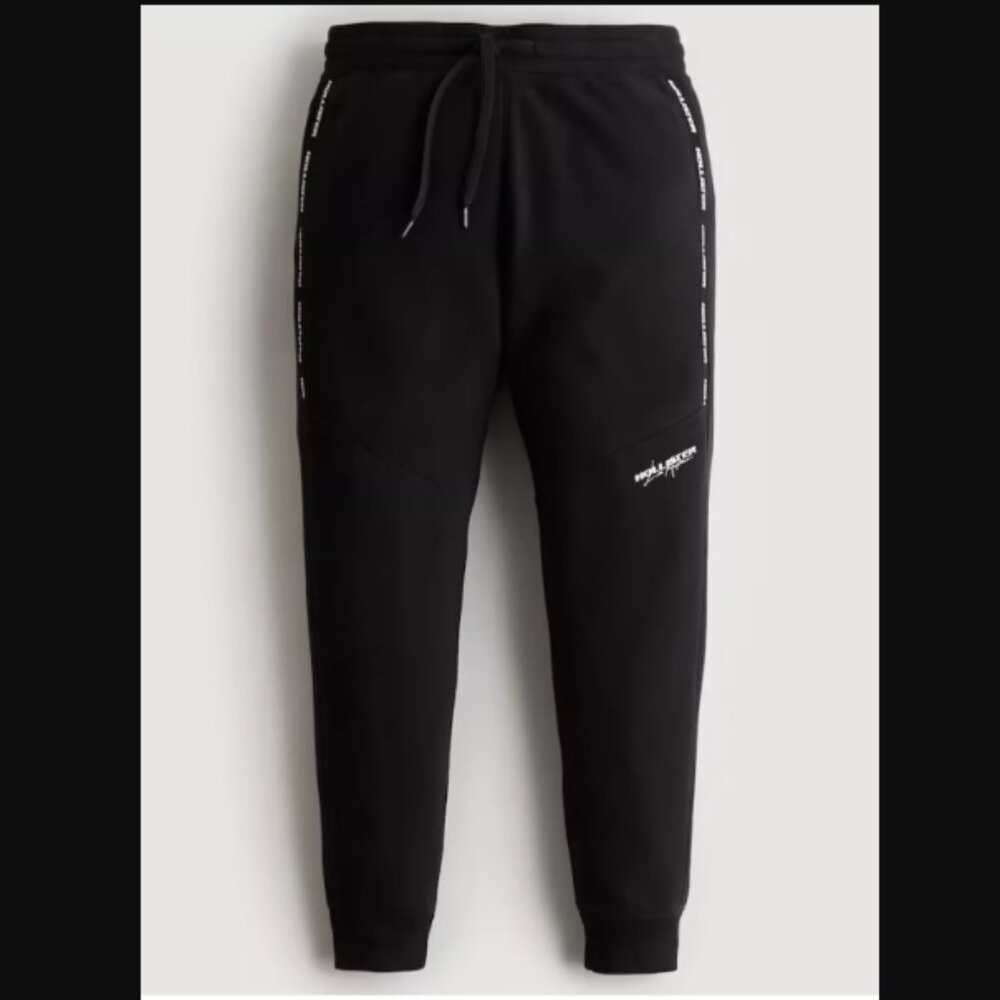 BLACK HOLLISTER MEN'S FLEECE LOGO TAPE JOGGERS - SIZE XS